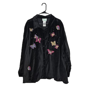 Vintage Quacker Factory Velvet Butterfly Embroidered Button-Up Shirt Jacket 3X
