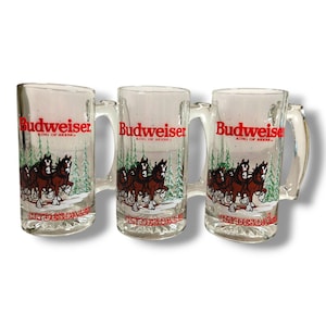 Vintage Budweiser Clydesdales Glass Beer Stein Mug 1989 Anheuser Busch Christmas