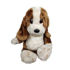 Vintage Applause Sad Sam Basset Hound Welpe Hundespielzeug weiches braunes weißes Fell