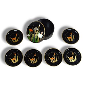 Juego de posavasos vintage de laca japonesa con diseño floral negro y caja de almacenamiento