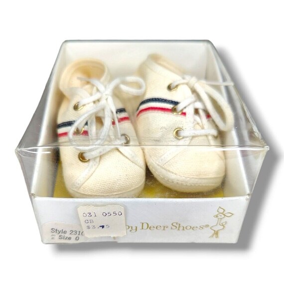 Vintage Baby Deer Beige Blue Red Stripe Lace up Soft Sole Crib