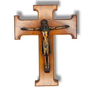 Antique Cross Crucifix Bronze Wood Wall Hanging 9&quot;