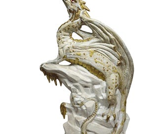 Vintage Dragon Sculpture White Gold Fantasy Large 16" Detailed Statement Decor
