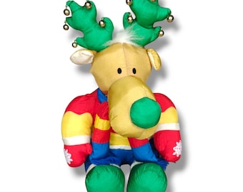 Reno navideño vintage de peluche de nailon con cascabeles, 45 cm, nuevo, con etiquetas