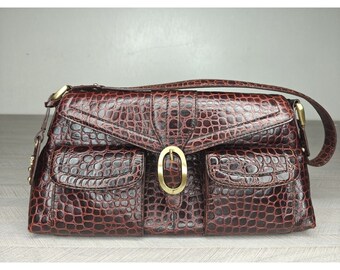 Etienne Aigner Vintage Burgundy Oxblood Leather Handbag Purse Alligator Pattern