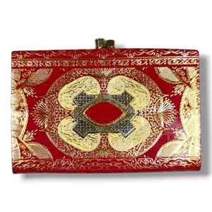 Monedero vintage con cierre de beso, diseño adornado, piel auténtica en oro rojo, Italia