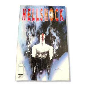 May include: A comic book cover with a blue, white, and black background. The title "HELLSHOCK" is in red and white letters. A figure in black clothing with a white face and red markings is standing with arms raised. The comic book is published by Image Comics.