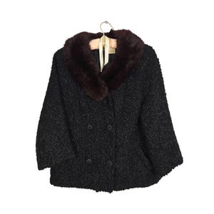 Vintage Black Persian Curly Lamb Fur Coat Mink Shawl Collar Satin Lining Size M