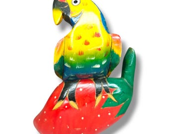 Vintage Colorful Hand-Carved Wooden Parrot Figurine