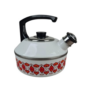 Czajnik emaliowany Vintage Austria Email w stylu Mid-Century Modern, biały, czerwony, czarny