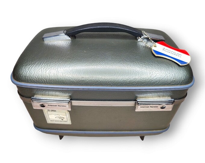 Vintage American Tourister Train Case Retro Gray Blue With Mirror