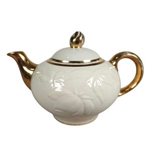 Vintage White Ceramic Teapot Hand Decorated 22K Gold Teapot Continental Kilns
