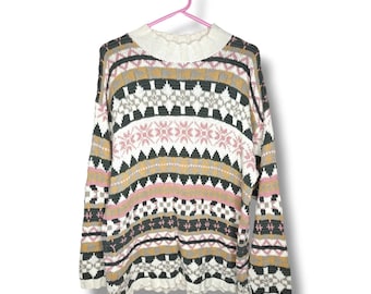 Vintage 80s 90s LL Bean Sweater Fair Isle USA Cotton Multicolor Rainbow Womens XL