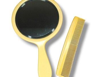 Vintage Celluloid Vanity Beveled Handheld Mirror Comb Set Yellow Round 10.5"