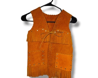 Vintage Genuine Leather Brown Western Cowboy Fringe Handmade Vest Boys Sz M 8-10