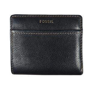 Cartera plegable Fossil de cuero negro con cierre a presión, ventana para identificación y monedero con cremallera