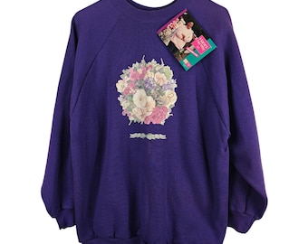 Sudadera vintage Hanes para mujer, color morado, talla 1X, algodón/acrílico, estampado floral, manga raglán, nueva con etiquetas.