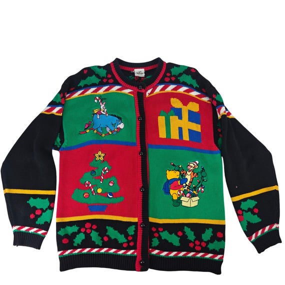 Vintage Disney Winnie the Pooh Christmas Cardigan Sweater Medium 100% Cotton
