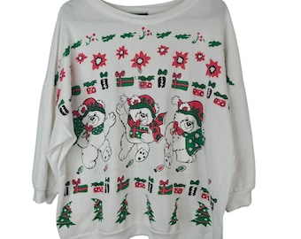 Vintage Women's Christmas Sweatshirt XXL White 3/4 Sleeves Bears Presents
