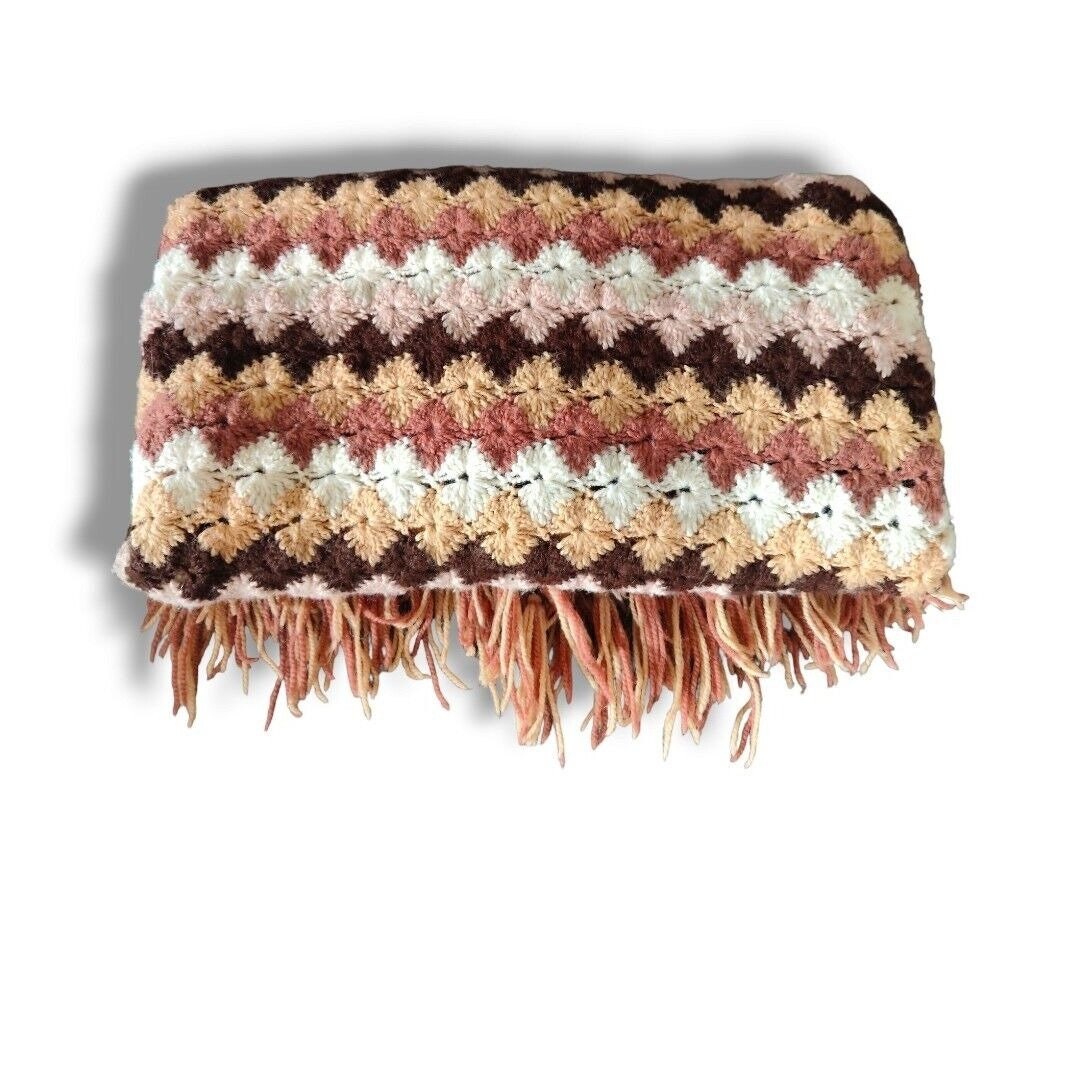 Vintage Handmade Afghan Blanket Crochet Throw Brown Beige Etsy