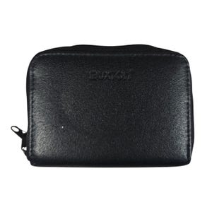 Cartera vintage Buxton de piel negra con diseño de acordeón y cierre de cremallera y ventana para identificación.