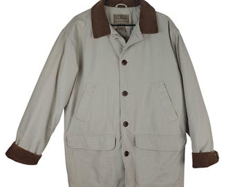 Abrigo de lona para hombre L.L. Bean, color beige, talla M, con puños y cuello de pana, aislante térmico.