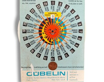 Vintage Gubelin Rechenschieber Souvenir Münze Weltweit Zeitkarte Uhr Werbung