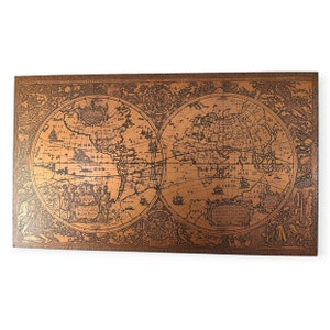 Raro mapa del mundo vintage grabado cobre Henricus Hondius 47"x27" soporte de madera