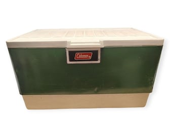 Vintage Coleman Green Metal Plastic Ice Chest Camping Cooler 21.5"x13"x12" 1975