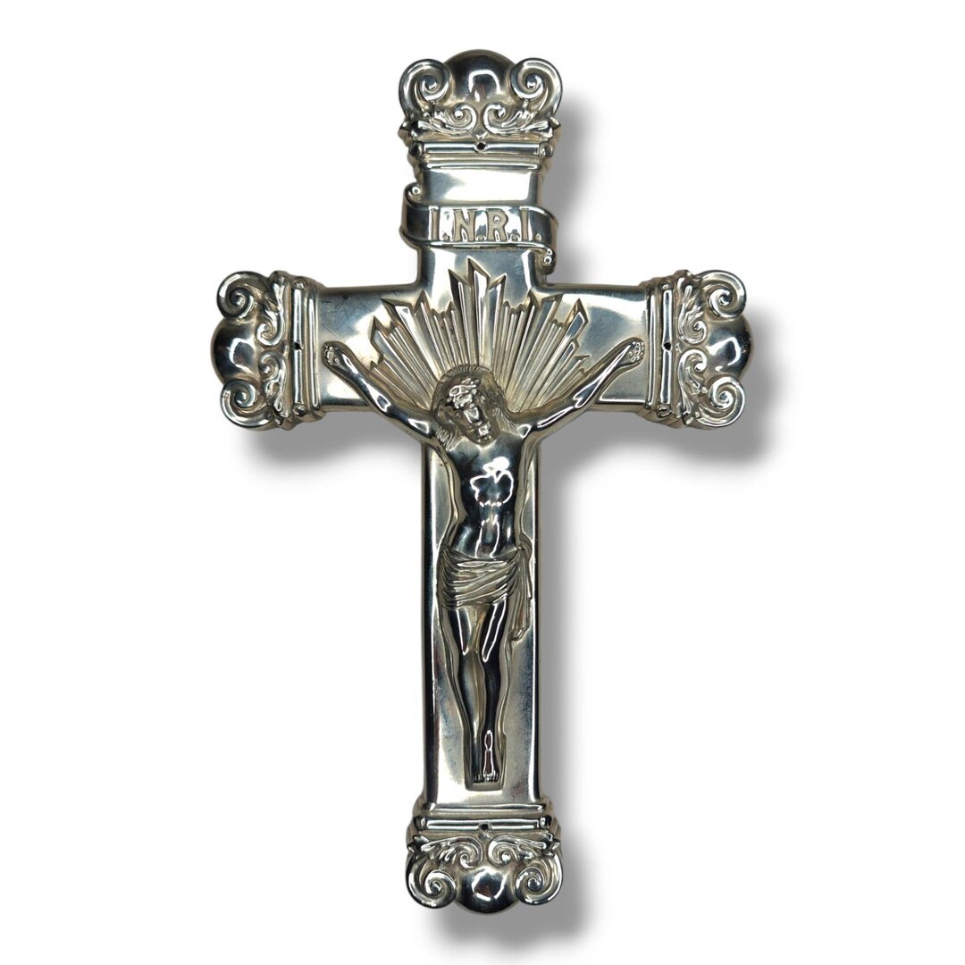 Inri Cross Inscription Design Vintage Crucifix INRI Inscription Silver Tone Heavy Metal Wall Burial ...