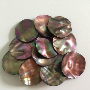 May include: A collection of iridescent, round, mother-of-pearl shell pieces in shades of brown, green, and purple.