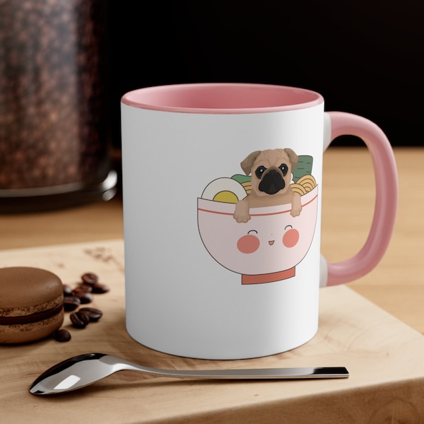 Funny Pug Mug | Pug in a Bowl of Ramen | Pug Love Gift Idea | Multiple Inside and Handle Colors | Coffee, Tea, and Soup