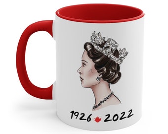 Queen Elizabeth II Ceramic Coffee Mug, 11 oz 15 ounce Tea Cup, England British Flag Rip Royal 1926 - 2022, London Accent Handle Mom Dad Gift