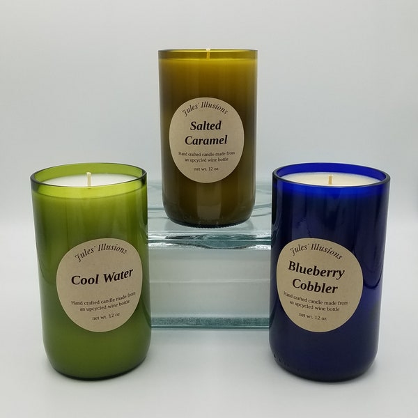 Hand-crafted Scented Candle in upcycled Wine Bottles, a multitude of scents available