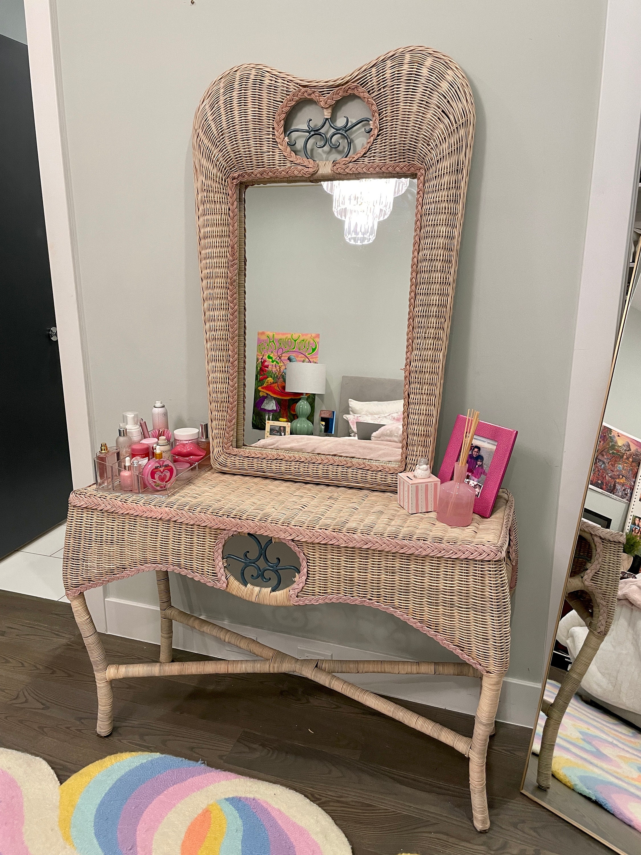 Vintage Pink Woven Wicker Makeup Vanity With Mirror Description Etsy