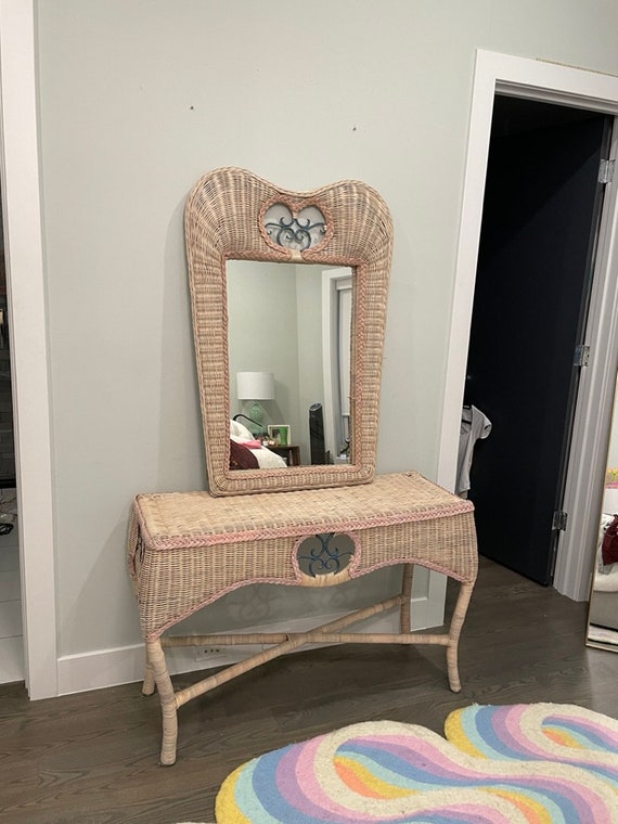 Vintage Pink Woven Wicker Makeup Vanity With Mirror Description Etsy