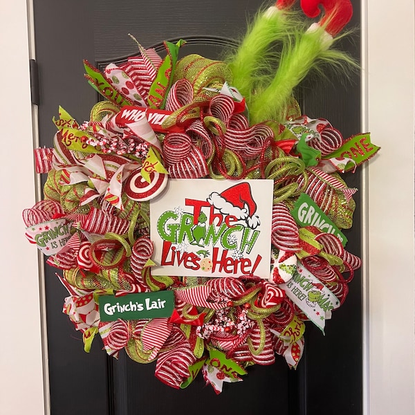 Christmas wreath, Christmas grinch, ribbon wreath, Christmas decor, Wreath, grinch decor, Grinch wreath, Decor mesh wreath, Gifts for her