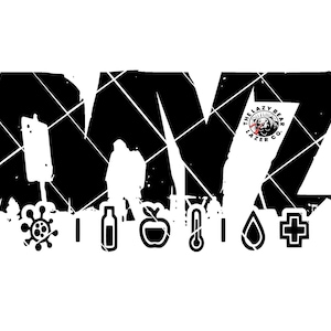 Op de afbeelding: Zwart-wit afbeelding met de letters "DMZ" in een verweerde lettertype. De afbeelding bevat verschillende gezondheidsgerelateerde pictogrammen, zoals een virus, fles, appel, thermometer, druppel en een plusteken. De tekst "THE LAZY BEAR LAZER CO." is ook aanwezig.