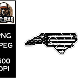 May include: A black and white sticker in the shape of North Carolina, featuring an American flag design. The sticker has a distressed look with white stars and stripes. The Lazy Bear Hat Co. logo is in the upper left corner.