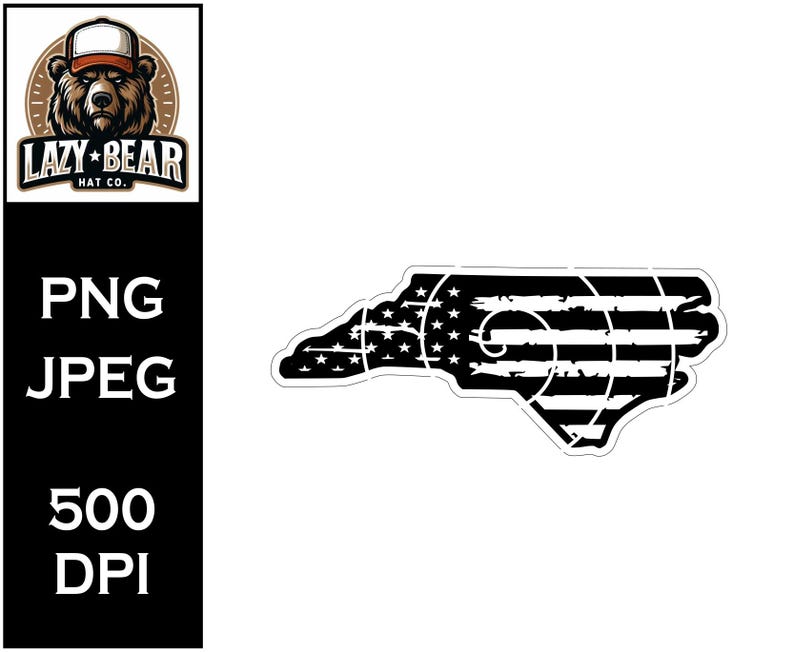 May include: A black and white sticker in the shape of North Carolina, featuring an American flag design. The sticker has a distressed look with white stars and stripes. The Lazy Bear Hat Co. logo is in the upper left corner.