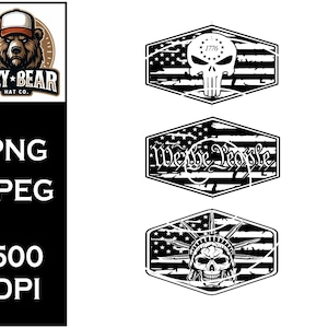 Puede incluir: Diseños gráficos en blanco y negro con elementos de la bandera estadounidense. Un diseño incluye una calavera con el número 1776, otro muestra "We the People" y el tercero muestra una calavera con la corona de la Estatua de la Libertad. Los diseños son hexagonales.