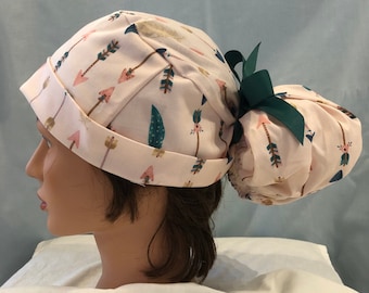 Boho Pink with Teal Feathers  | Scrub Cap | Surgical Hat | Women’s Styles: Ponytail, Pixie, Bouffant | Doctor and Nurse Gifts