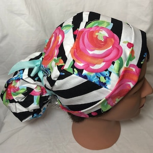 Pink Floral on Black/White Stripes | Scrub Cap | Surgical Hat | Women’s Styles: Ponytail, Pixie, Bouffant | Doctor and Nurse Gifts