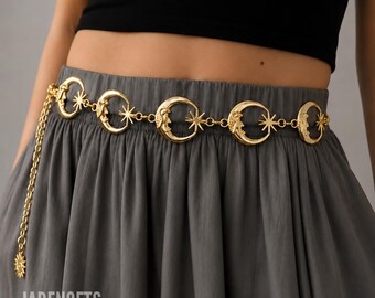 Moon Waist Chain Belt Silver Gold, Celestial Belly Chain, Gothic Y2K Body Jewelry, Witchy Festival Chain Belt