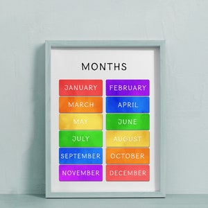 Months of the Year Printable Poster, Homeschool Resource, Montessori Education Tool, kids poster, learning art, classroom poster
