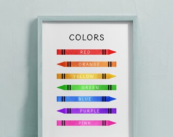 Könnte beinhalten: Ein druckbarer Wandposter mit dem Wort "COLORS" oben und einer Liste von Farben mit Crayon-Illustrationen. Die Farben sind Rot, Orange, Gelb, Grün, Blau, Lila und Pink.