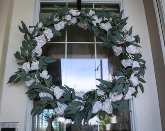 Year round door wreath - White front door wreath,  Greenery wreath - Flower wreath - Door decor, Home decor - Housewarming, Wedding, Gift