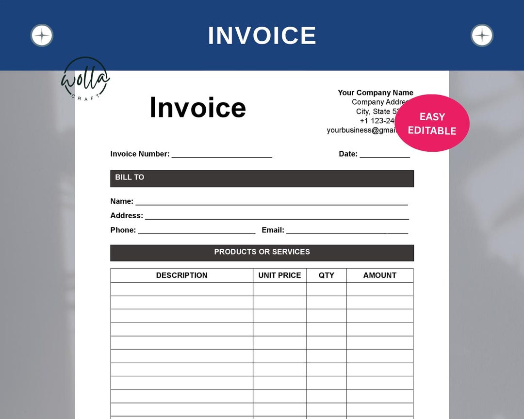 Printable Invoice Template for Small Business | Editable PDF, Service ...