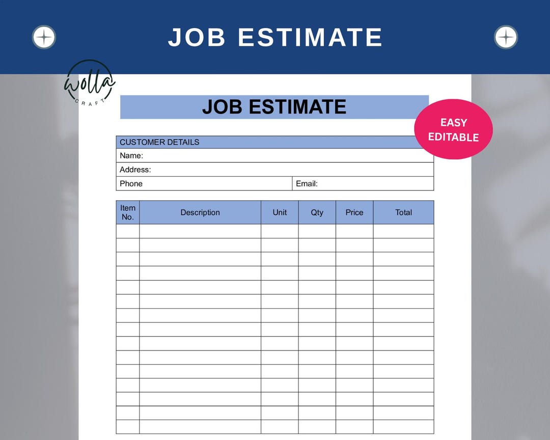 Job Estimate Template Google Docs & Word Editable Work Quote Form for