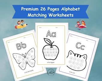 26 Pages Alphabet Matching Worksheets Printable for Kids – Letter Recognition Activities for Preschool, Kindergarten, Homeschool Learning